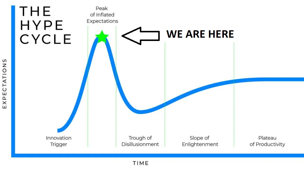 Gartner Hype Cycle diagram with WE ARE HERE marker at the peak of inflated expectations
