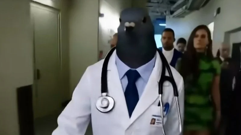 The iconic pigeon doctor walk.