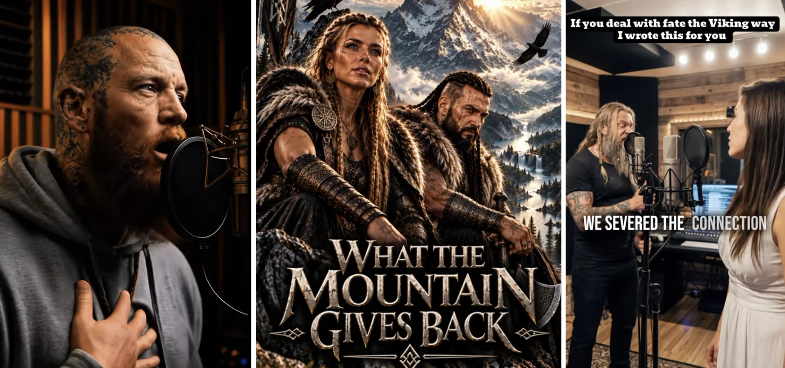 Composite screenshot from AI-generated Viking rap content showcasing a vocalist, a fantasy 'What the Mountain Gives Back' cover art, and a studio duet promoting Viking-themed music slop.