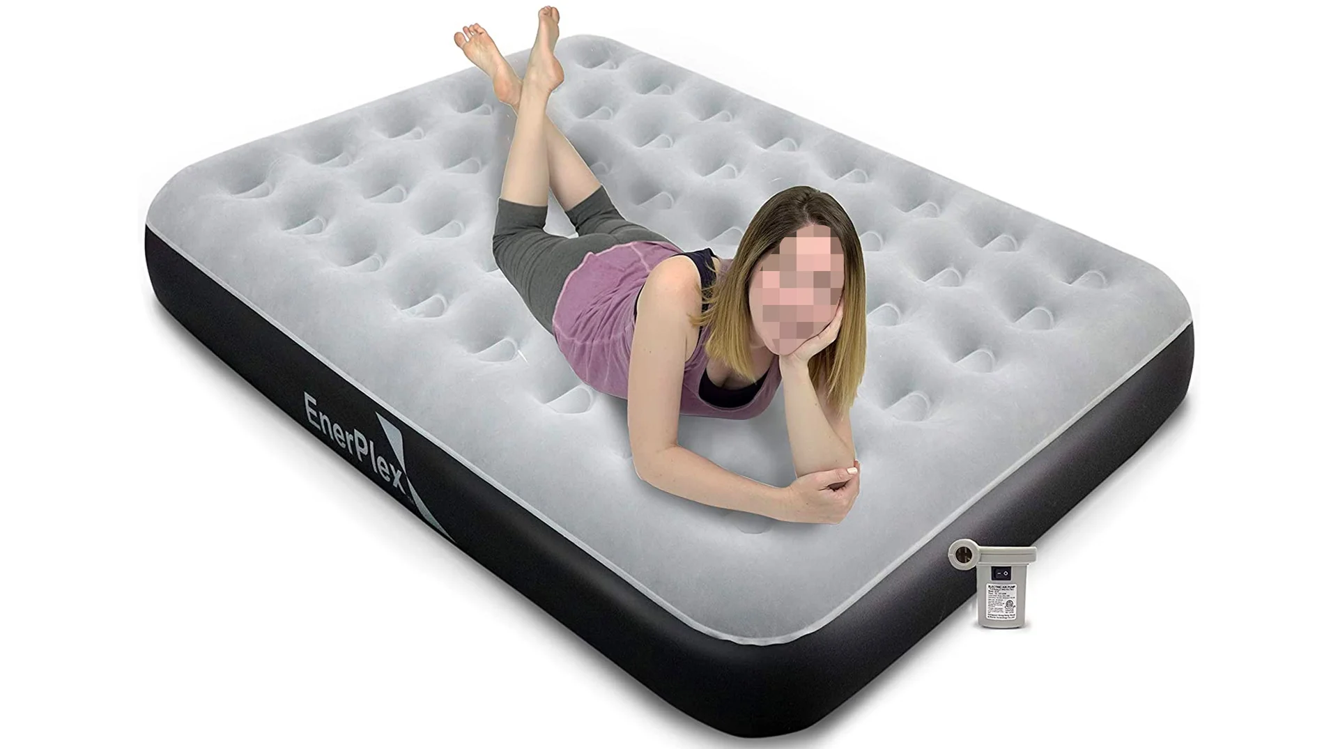 The EnerPlex air mattress product listing photo featuring the woman who became known online as 'Air Mattress Ashley.'