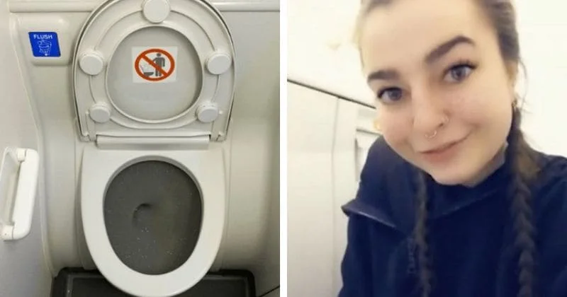 The viral airplane toilet licking video: the plane lavatory and the woman featured in the original TikTok that sparked the meme.