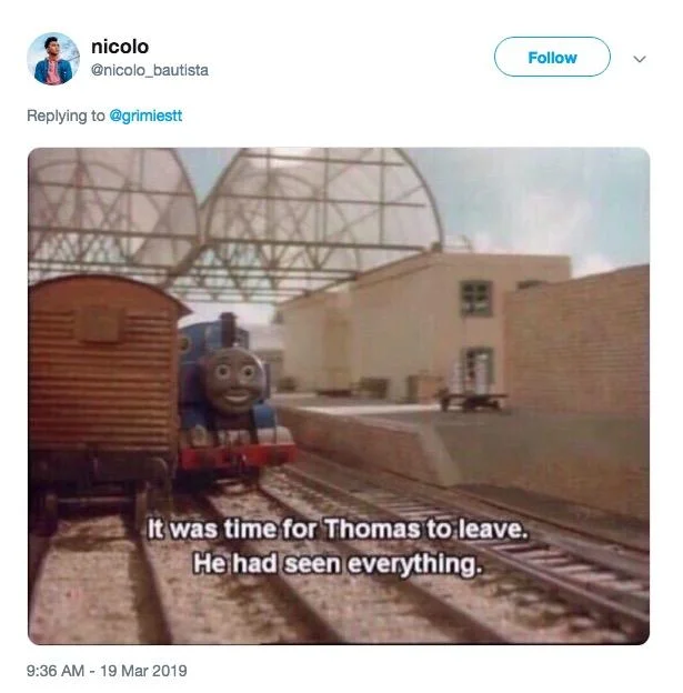 A Twitter reaction using the Thomas the Tank Engine meme to respond to the airplane toilet-licking video.