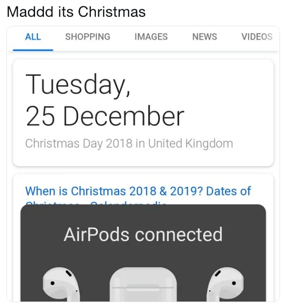 A humorous tweet showing an AirPods owner casually flexing their new Christmas gift.