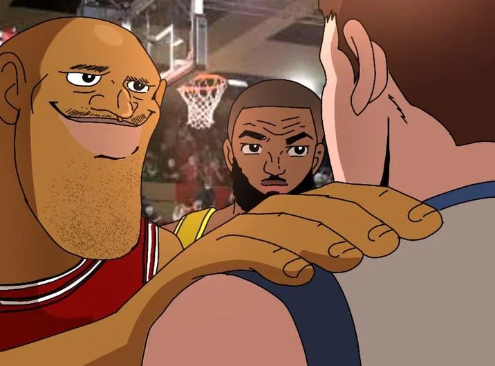 A basketball-themed redraw of the Akakichi no Eleven scene set on a basketball court.