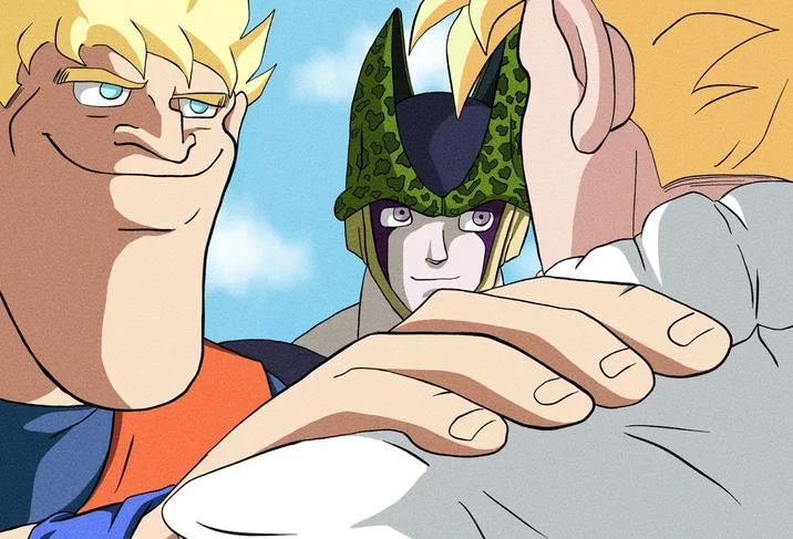 A Dragon Ball Z themed redraw featuring Goku, Cell, and Vegeta recreating the Akakichi no Eleven pose.