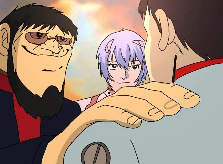 An Evangelion fan redraw featuring Gendo Ikari and Rei Ayanami in the Akakichi no Eleven composition.