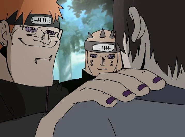 A Naruto Shippuden fan redraw featuring members of the Pain Six Paths in the iconic pose.