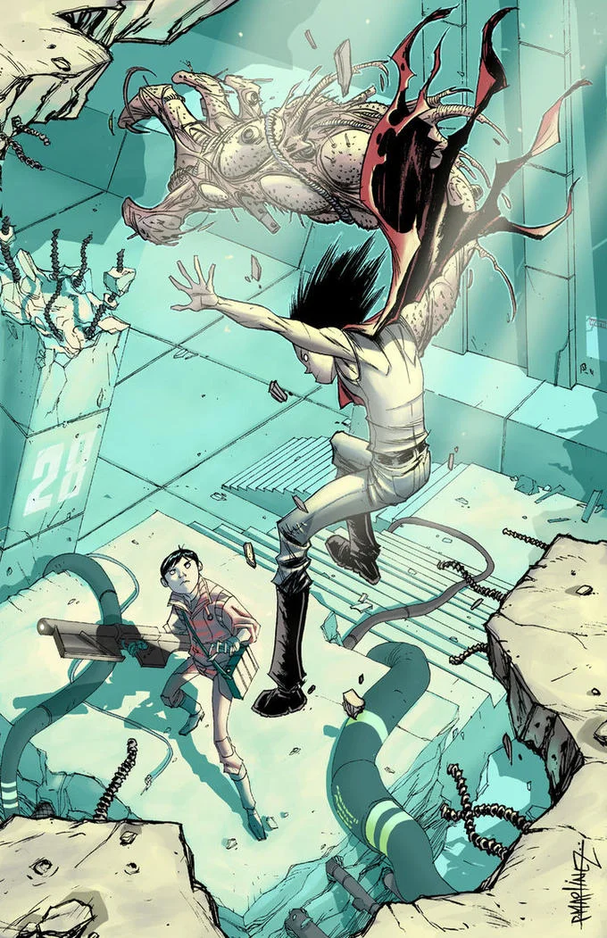 Fan art homage to Akira depicting the climactic confrontation between Kaneda and Tetsuo, illustrated by Marlin.