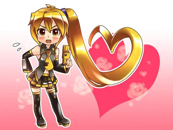 A chibi fan illustration of Akita Neru with her signature ponytail forming a heart.