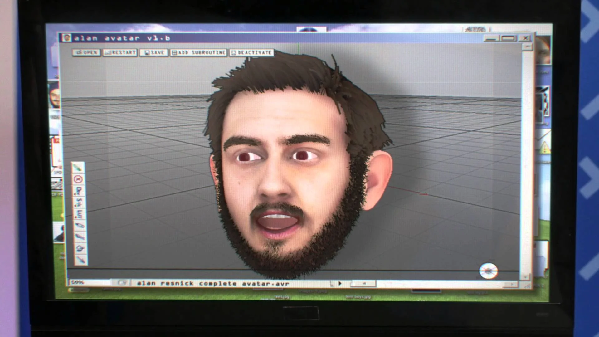Still from Alan Resnick's 'Live Forever As You Are Now' featuring the uncanny 3D avatar built in the fictional 'alan avatar v1.b' software.