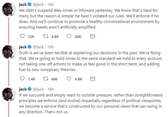 YouTube's official statement on account termination policy, cited during the deplatforming of Alex Jones.