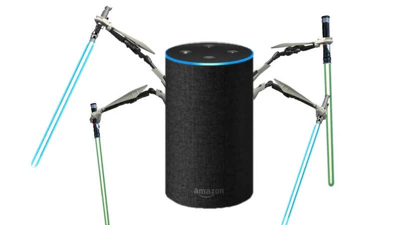 The Alexa Intruder Alert meme cover image, depicting an Amazon Echo armed with lightsabers.