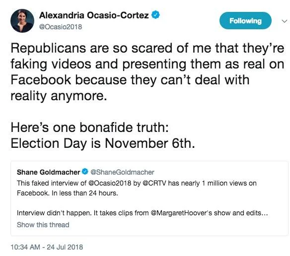 Ocasio-Cortez responds on Twitter to a doctored CRTV interview that spliced together clips from her PBS appearance.
