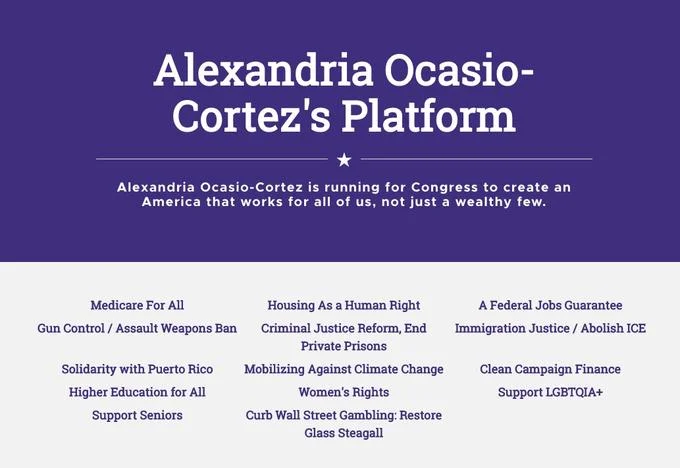 The official campaign platform graphic outlining Alexandria Ocasio-Cortez's progressive policy positions.