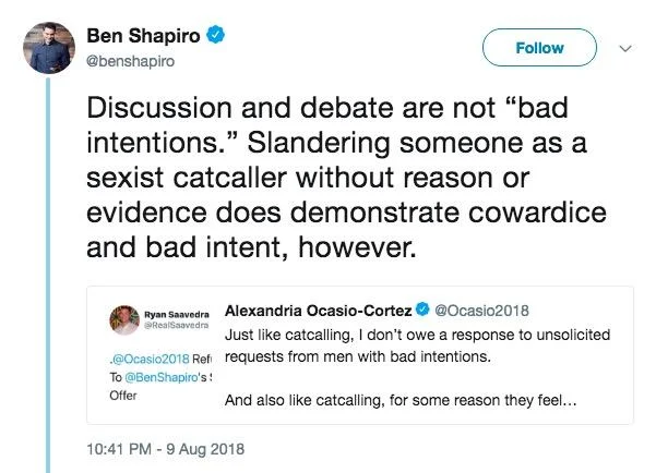 Ocasio-Cortez declines Ben Shapiro's $10,000 debate offer, likening the unsolicited challenge to catcalling.