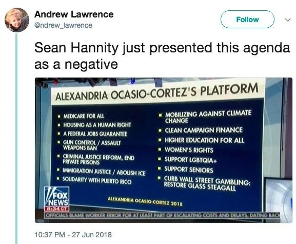 Andrew Lawrence's viral tweet noting that Sean Hannity's Fox News segment inadvertently promoted Ocasio-Cortez's platform to viewers.