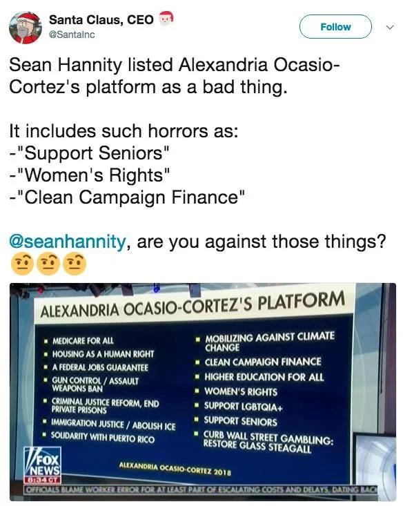 A viral tweet mocking Sean Hannity's framing of policies like 'Support Seniors' and 'Women's Rights' as negatives.