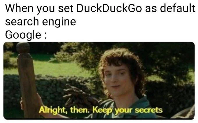 A privacy-themed variant of the Frodo template casting Google as the character resigned to losing a user to DuckDuckGo.