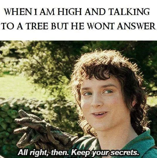 A popular variation joking about talking to a tree while high, using the Frodo 'All right, then. Keep your secrets' template.