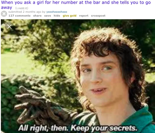 A Reddit post using the Frodo template to react to being turned down when asking for a phone number at a bar.