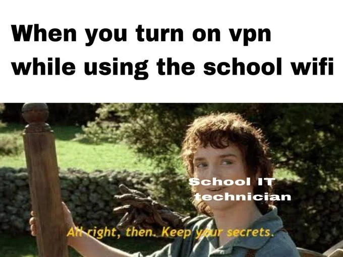A popular school-life variant of the meme casting Frodo as the school IT technician turning a blind eye to a student's VPN.