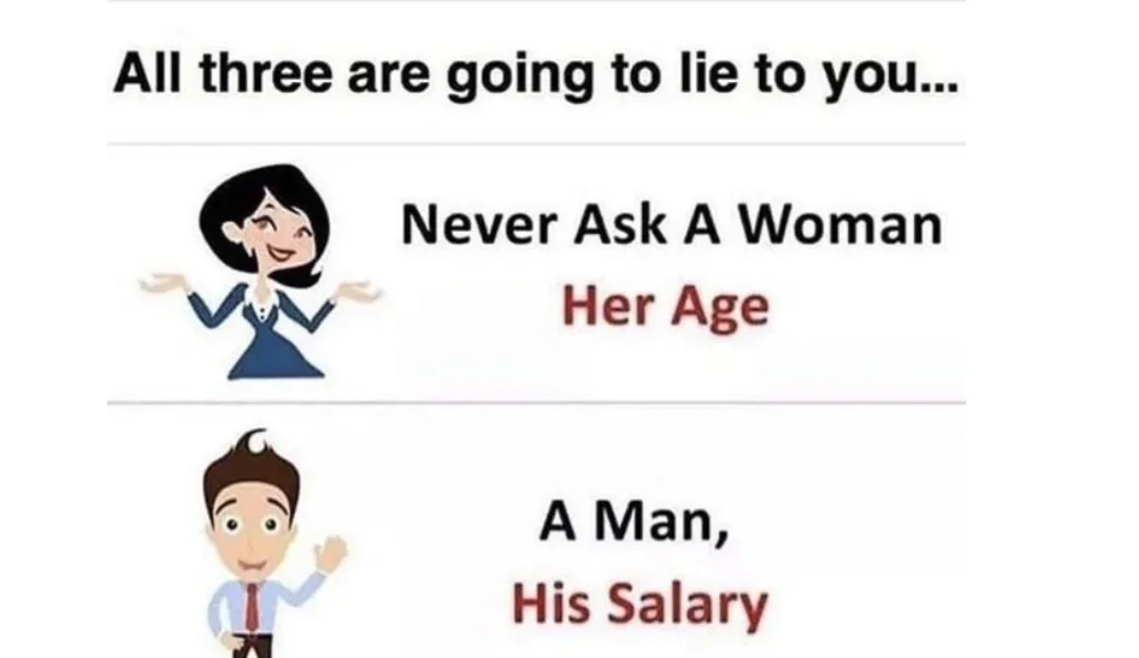 The original meme template establishing the 'all three are going to lie to you' format with a woman's age and a man's salary as the first two liars.