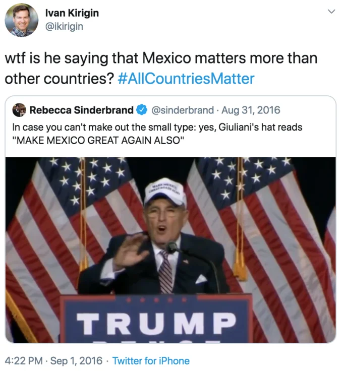A 2016 tweet using #AllCountriesMatter to critique the 'Make America Great Again' slogan.