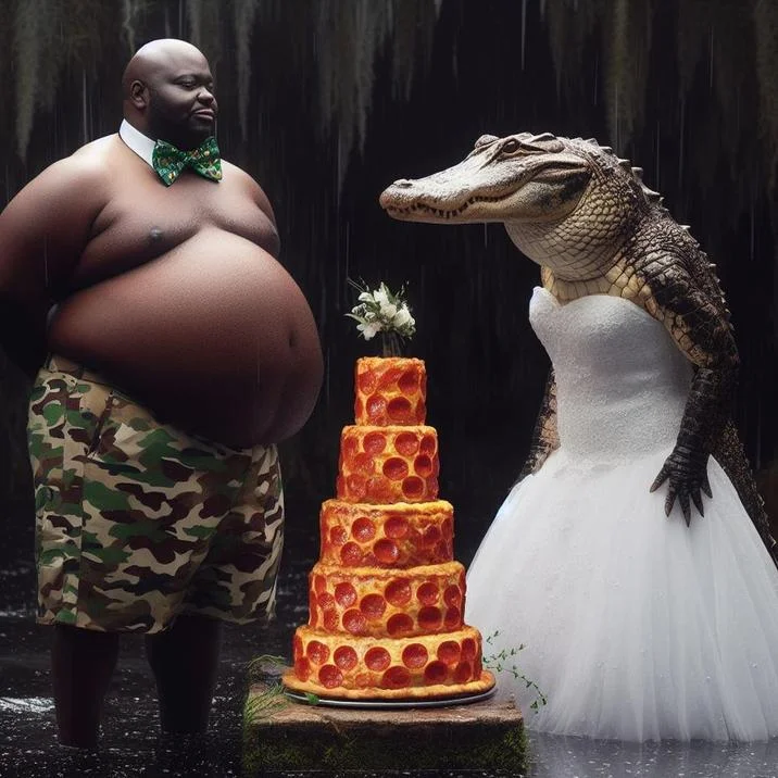 A humorous derivative showing the man and alligator at a wedding ceremony with a pizza wedding cake.