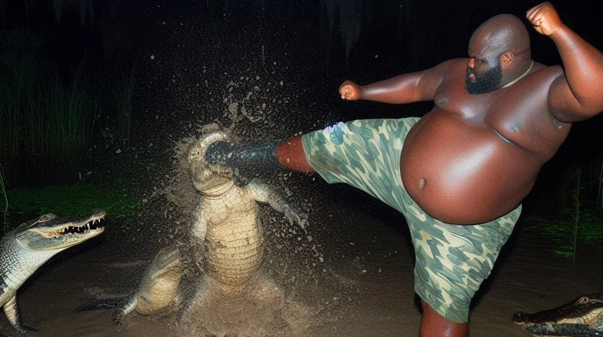 The original AI-generated "Alligator Kick" image showing a man delivering a powerful kick to an alligator in a Florida swamp.