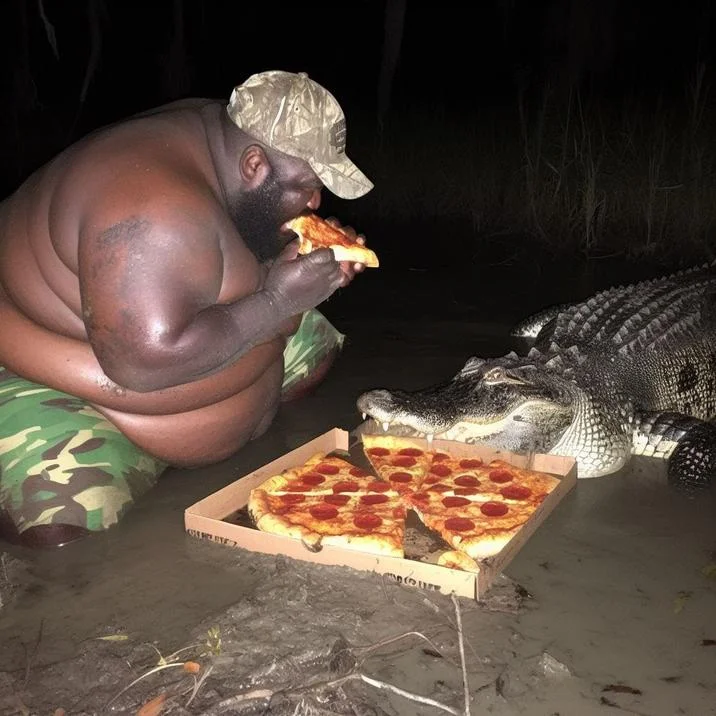 A derivative image showing the Alligator Kick man peacefully sharing pizza with an alligator instead of fighting it.