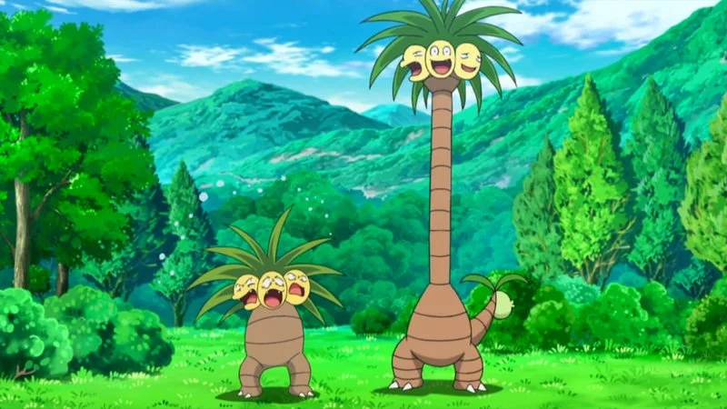 The Alolan Exeggutor's absurdly elongated neck towers over its Kanto counterpart in the Pokemon anime.