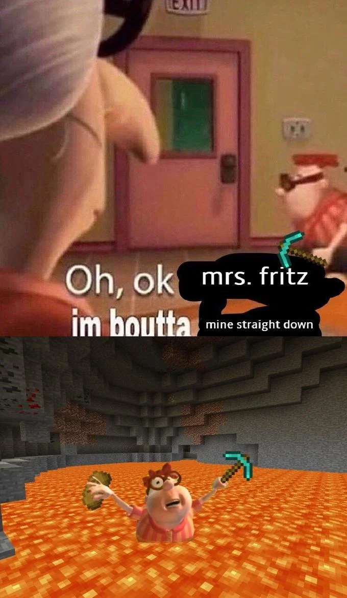 A Minecraft crossover variant illustrating the classic 'never mine straight down' warning through the Carl Squared meme.
