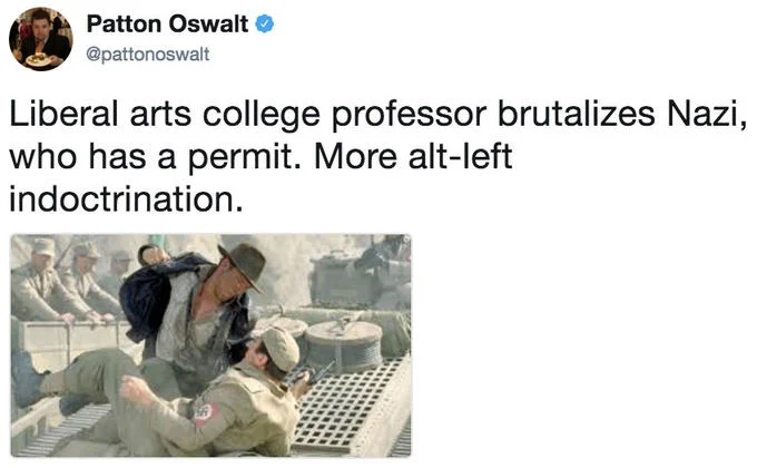 Patton Oswalt mocks the 'alt-left' framing by captioning Indiana Jones punching a Nazi as 'alt-left indoctrination'.