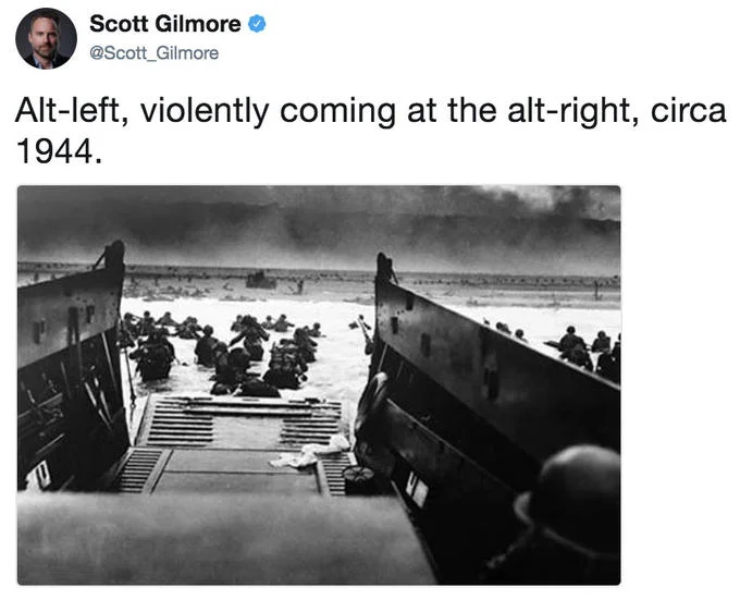 Journalist Scott Gilmore ridicules the term 'alt-left' by captioning the D-Day landings as an 'alt-left' assault on the 'alt-right'.
