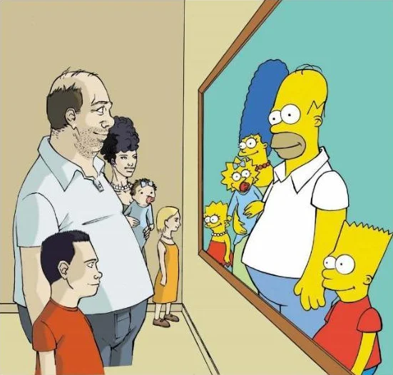 A humorous depiction of an ordinary family whose mirror reflection reveals them as the Simpsons, illustrating the 'alternate universe' concept.