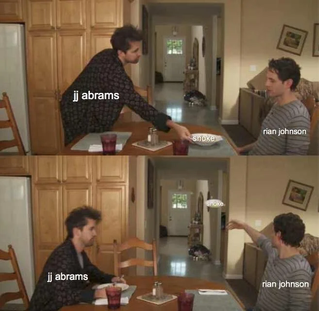 A Star Wars fandom variant depicting J.J. Abrams handing off the Snoke storyline to Rian Johnson, who discards it.