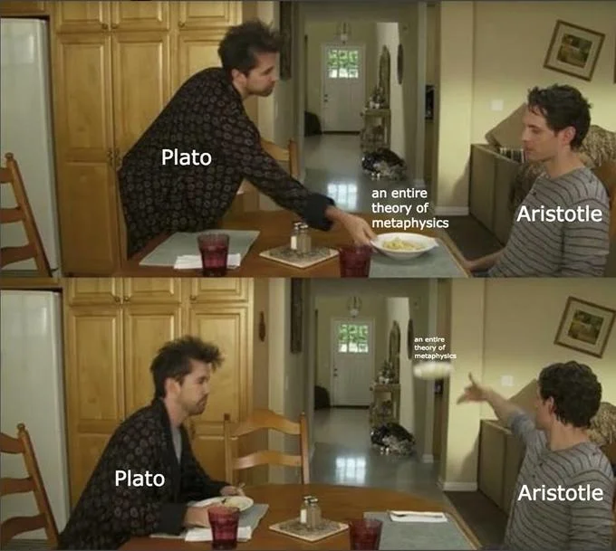 A philosophy-themed variant showing Plato offering his theory of metaphysics to Aristotle, who rejects it.