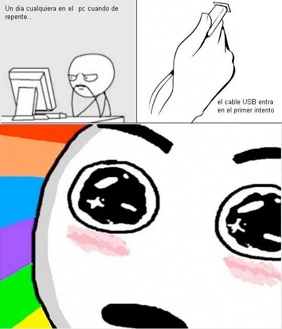 A Spanish rage comic using the Amazed Face to react to the rare event of a USB cable plugging in correctly on the first try.