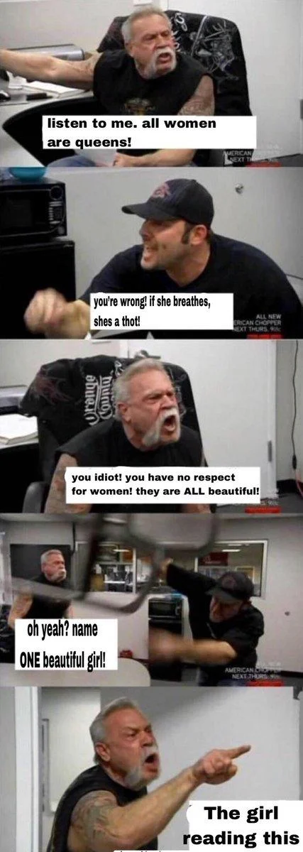 One of the most widely shared variants — the pair debate feminist chivalry versus incel slang before Paul Sr. compliments 'the girl reading this'.