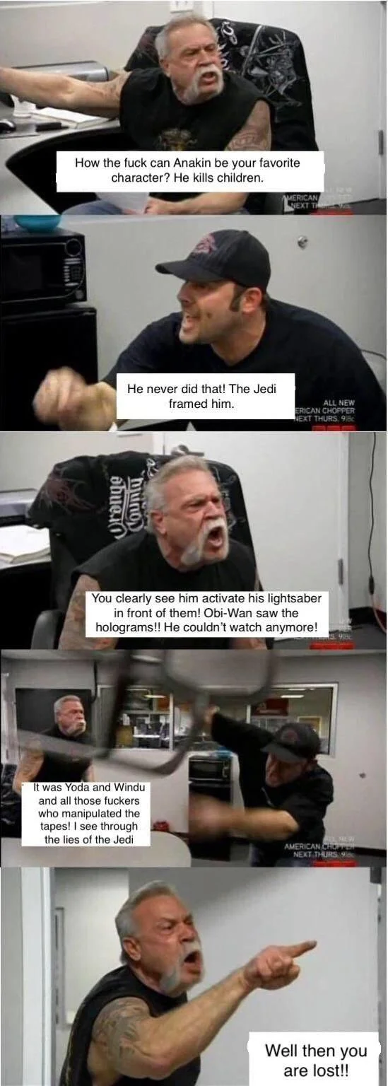 A Star Wars prequel variant with Paul Sr. and Paul Jr. shouting over whether Anakin is redeemable, echoing Obi-Wan's famous line in the final panel.
