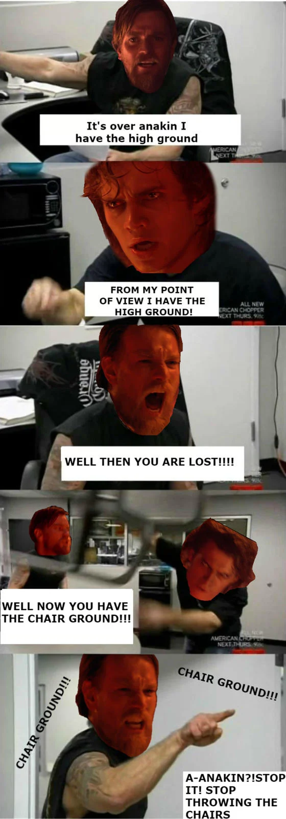 The 'Chair Ground' crossover mashes the American Chopper argument with the Star Wars 'high ground' scene, with Ewan McGregor and Hayden Christensen's faces pasted over the Teutuls.