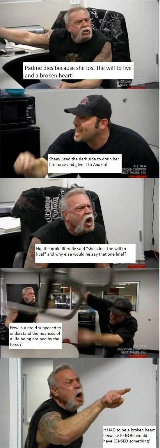 Deep prequel lore fuels this variant, with the Teutuls fighting over whether Padmé died of a broken heart or from Palpatine siphoning her life force to save Anakin.