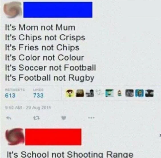 Twitter post comparing US and UK English with school shooting range joke punchline