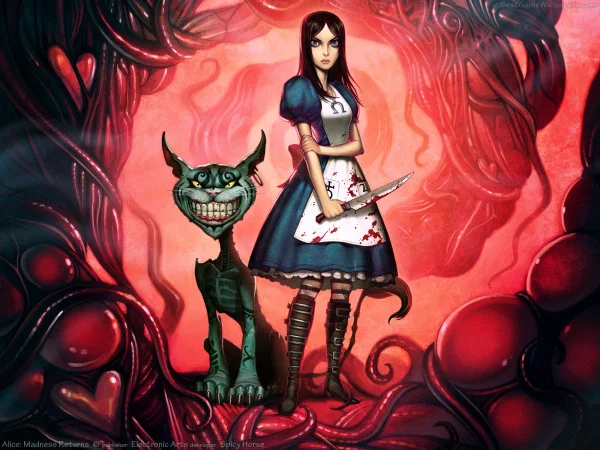 Official promotional artwork for American McGee's Alice: Madness Returns, showcasing Alice and her iconic companion the Cheshire Cat.