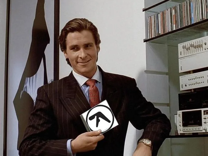 A version of the Patrick Bateman album recommendation meme featuring Aphex Twin's iconic logo cover.