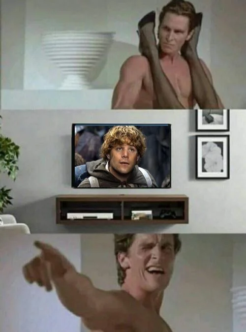 The 'Bateman pointing at TV' meme format used to celebrate Samwise Gamgee from The Lord of the Rings.