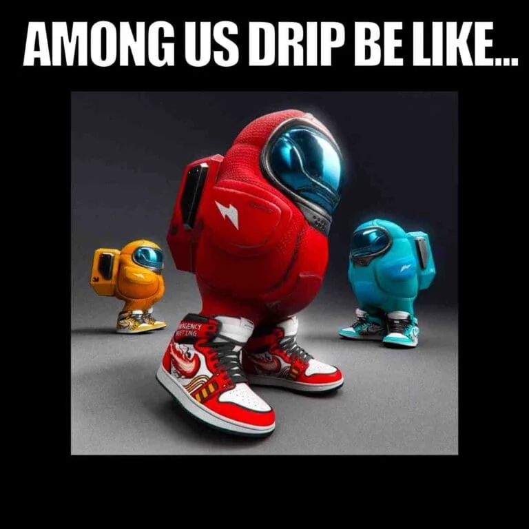 Stylized red Among Us character in drip fashion with red sneakers and yellow and blue companion characters
