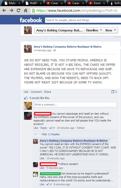 One of the infamous all-caps Facebook tirades posted from Amy's Baking Company's page, in which the owners lashed out at critics on Yelp and Reddit.
