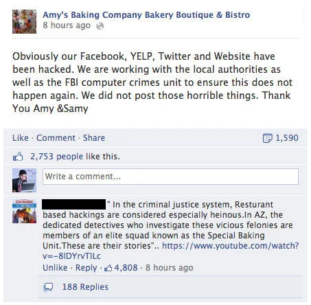 After the viral outburst, the owners claimed on Facebook that their accounts had been 'hacked' and that they were working with the FBI to investigate.