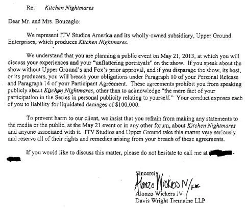 The cease-and-desist letter sent to Amy and Samy Bouzaglo by ITV Studios' legal team, warning them not to publicly disparage Kitchen Nightmares.